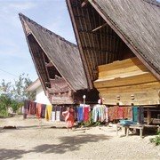 Onderweg naar het havenplaatsje Sibolga waar we zullen oversteken naar Poncan Gadang komen we langs een mooi Batak dorpje, Jangga Dolok. Traditionele huizen met puntdaken, oma draagt haar kleinkind op de rug.