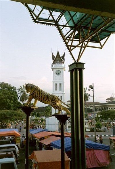 Tegenover de Big Ben is een bazaar gevestigd (vanwaar deze foto genomen is), bewaakt door het levensgrote beeld van een springende tijger    