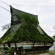 Authentieke Karo-Batak-woning in Peceren bij Brastagi. Ingeklemd tussen stenen burgermanshuisjes, elk voorzien van een gigantische satellietschotel.