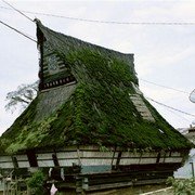 Authentieke Karo-Batak-woning in Peceren bij Brastagi. Ingeklemd tussen stenen burgermanshuisjes, elk voorzien van een gigantische satellietschotel.    